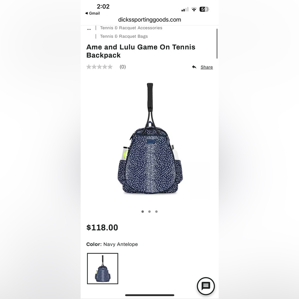 Ame and lulu “game on “ tennis backpack in navy antelope print
